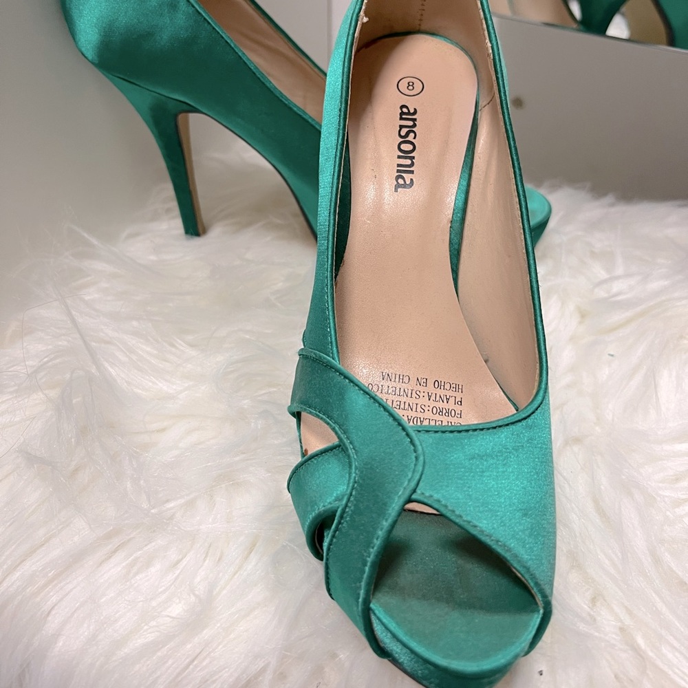 Green satin heels